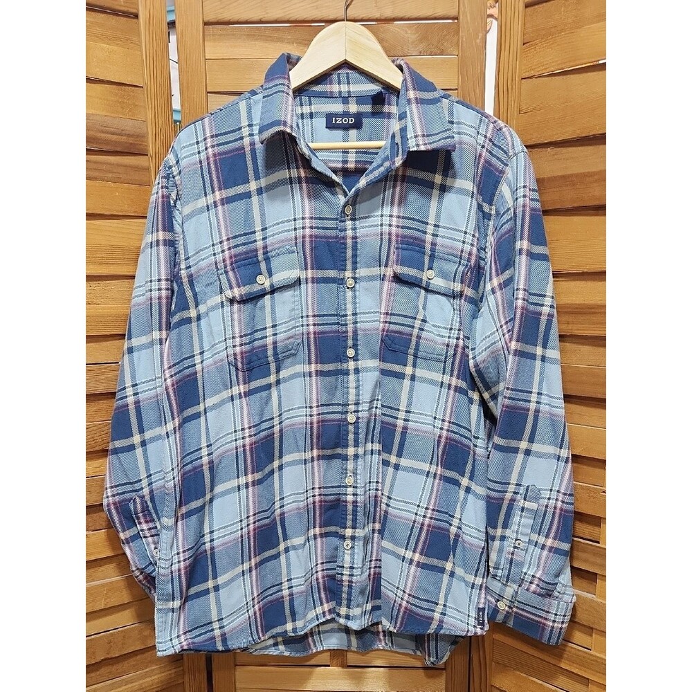 Izod Men’s XL Casual Button-Down Shirt in Navy White Red Plaid Flannel Cotton